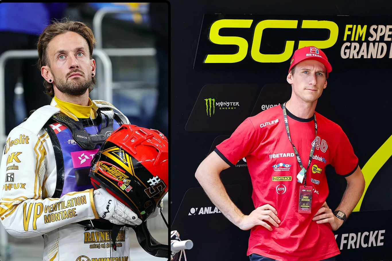 Anders Thomsen i Max Fricke na celowniku Włókniarza. Duńczyk bliższy transferu Dwóch mężczyzn, po lewej sportowiec w stroju żużlowym i z kaskiem w ręku, po prawej mężczyzna w czerwonej koszulce i czapce na tle ściany z logo SGP FIM Speedway Grand Prix.