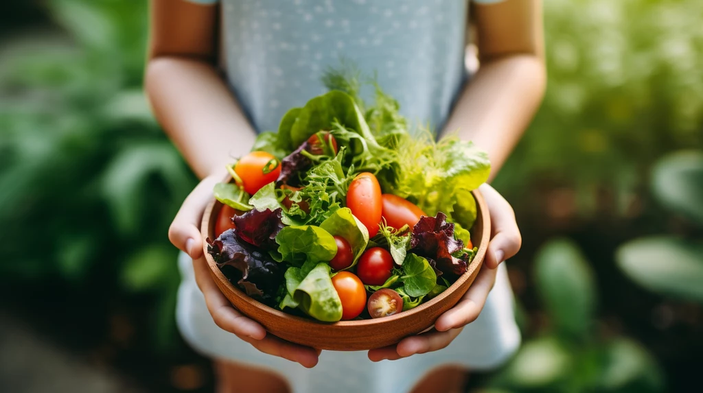 Dieta bogata w witaminy to prewencja przed szybszym starzeniem się skóry Dwie dłonie trzymające miskę pełną świeżych liści sałaty, rukoli oraz czerwonych pomidorków koktajlowych, w tle rozmyte, zielone otoczenie nadające całości naturalny charakter.