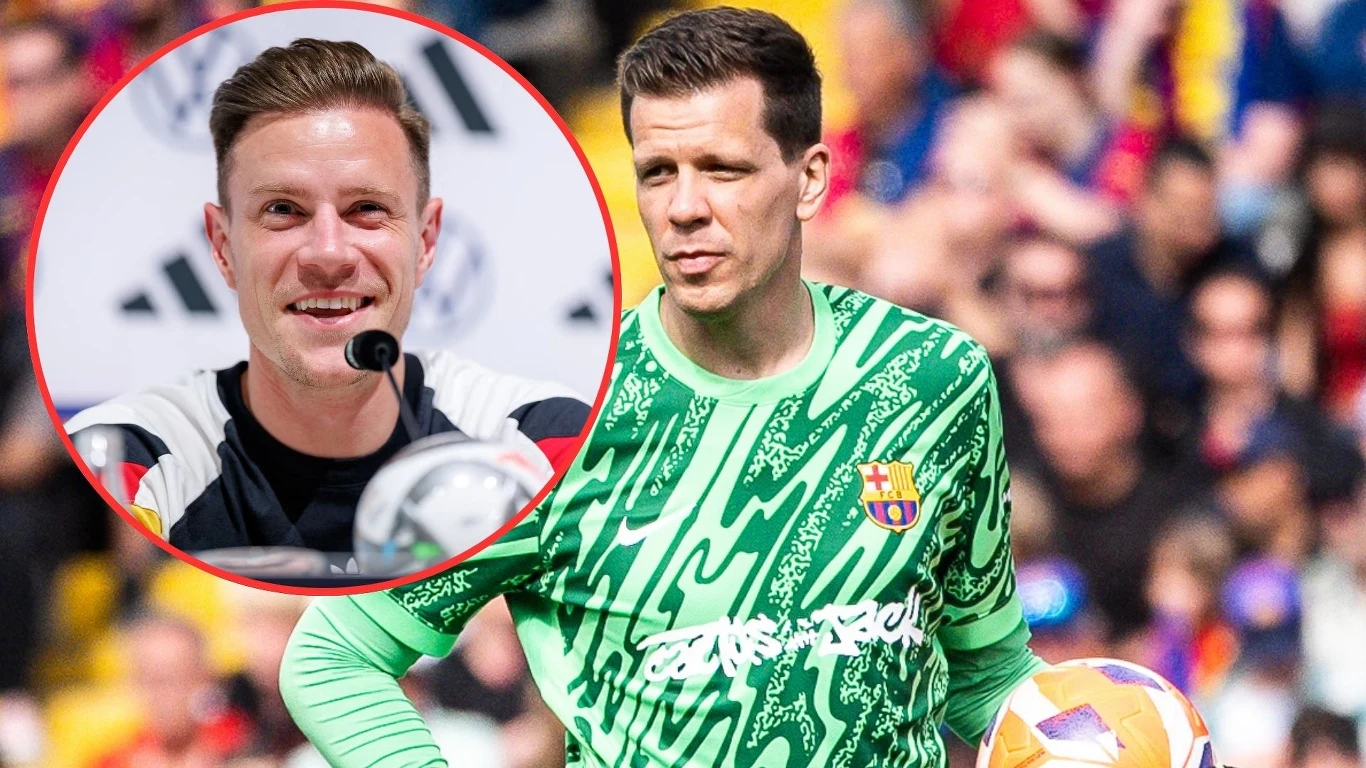 Wojciech Szczęsny i Marc-Andre ter Stegen Dwóch znanych piłkarzy, jeden w zielonym stroju bramkarskim z logo FC Barcelona podczas meczu na stadionie, drugi uśmiechnięty podczas konferencji prasowej w okrągłej ramce po lewej stronie kadru.