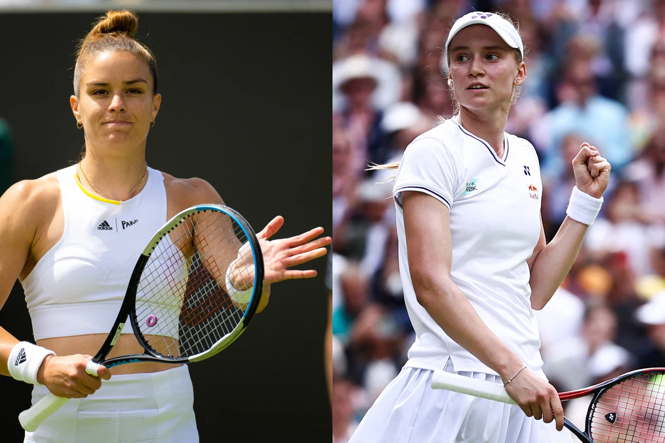 Maria Sakkari (z lewej) i Jelena Rybakina Dwie tenisistki ubrane w białe stroje sportowe stoją na korcie tenisowym, każda trzyma rakietę, obie skoncentrowane i gotowe do gry.