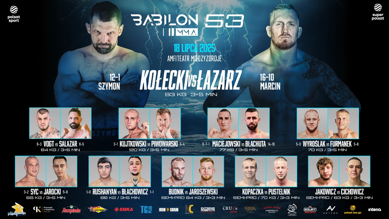 Karta walk gali Babilon MMA 53 Plakat promujący galę MMA z zestawieniem walk oraz zdjęciami zawodników biorących udział w wydarzeniu, na niebieskim tle z logotypami sponsorów oraz informacją o dacie i miejscu rozgrywek.