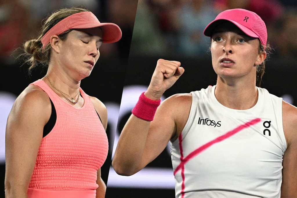 Iga Świątek i Danielle Collins powalczą ze sobą o awans do czwartej rundy Wimbledonu Dwie tenisistki na korcie w kontrastujących nastrojach, jedna z zamkniętymi oczami wygląda na rozczarowaną, druga w geście triumfu zaciśniętą pięścią wyraża radość ze zwycięstwa.