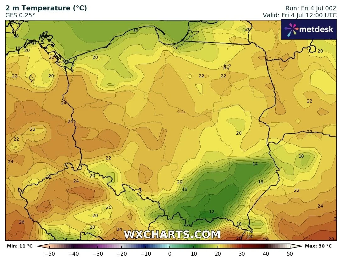 Kolorowa mapa Polski z naniesionymi wartościami temperatury powietrza na wysokości 2 metrów, różne odcienie żółci i zieleni ilustrują zakres temperatur od 11 do 30 stopni Celsjusza, najwyższe wartości notowane na południowym zachodzie kraju, a najniższ...