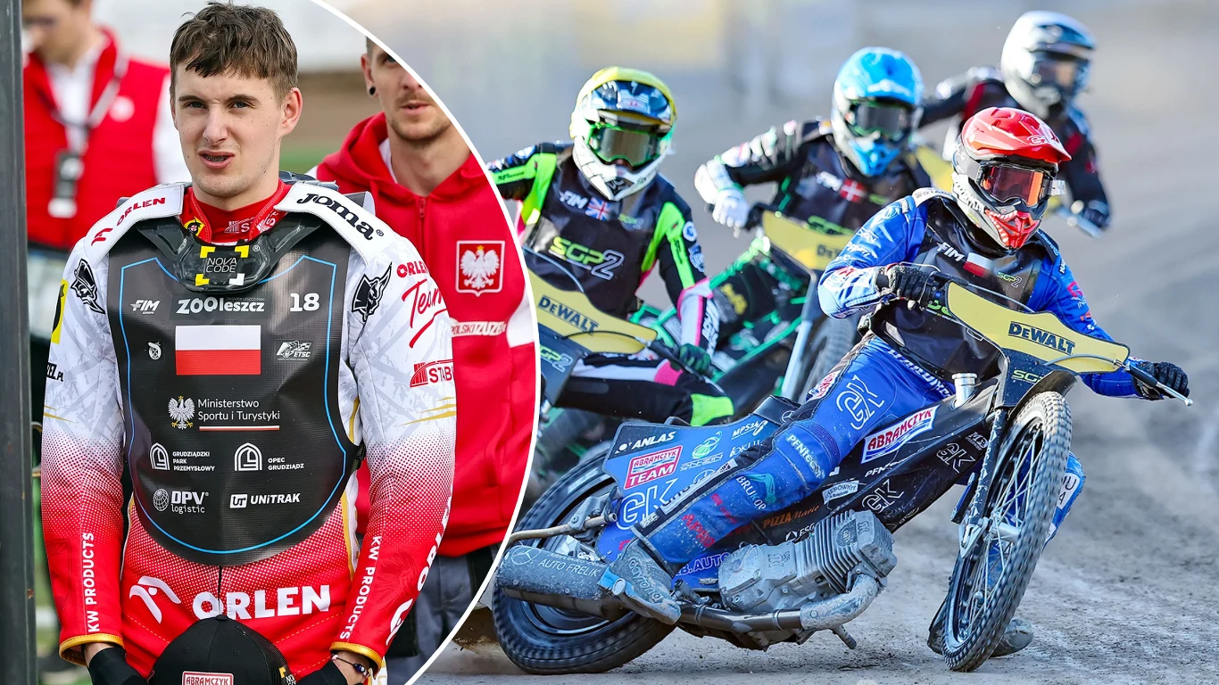 Wiktor Przyjemski może dokonać niemożliwego. Czy obroni tytuł mistrzowski? Sportowiec ubrany w strój żużlowy z logotypami sponsorów oraz polską flagą stoi na tle zespołu, po lewej stronie. Po prawej stronie wyścig żużlowy z kilkoma motocyklami na torze, zawodnicy w pełnym rynsztunku ścigają się na zakręcie.