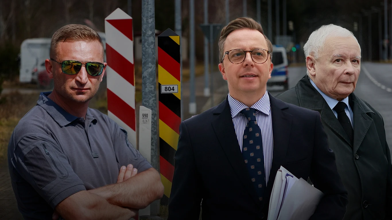 Dariusz Joński: Bąkiewicz to żaden obrońca granic. To jest cyrk Kaczyńskiego (kolaż: Aleksandra Włodarczyk, fot. źródłowe: ROBERT STACHNIK/REPORTER (tło), Jacek Szydłowski/Forum Trzech mężczyzn stoi na tle przygranicznych słupków granicznych oraz jezdni, z których dwóch ubranych jest formalnie, trzeci w koszulce polo i okularach przeciwsłonecznych.