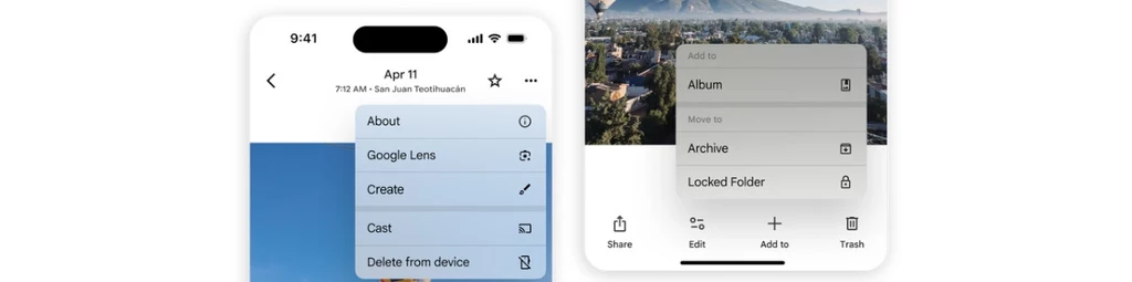 Nowe opcje menu w aplikacji Zdjęcia Google Interfejs aplikacji mobilnej z widocznymi rozwijanymi menu z wieloma opcjami, takimi jak Google Lens, przenoszenie zdjęć do albumu, archiwizacja oraz folder zablokowany, na ekranie widoczna jest część zdjęcia i pasek nawigacji.