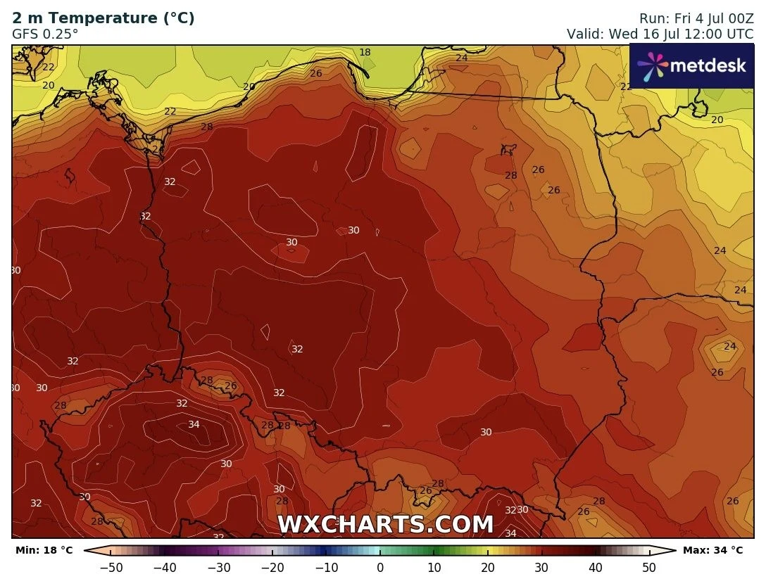 Mapa przedstawiająca prognozowane temperatury powietrza w Polsce i sąsiednich krajach, z wartościami przekraczającymi 32°C, szczególnie w centralnej i południowej części kraju, z wyraźnymi konturami izoterm.