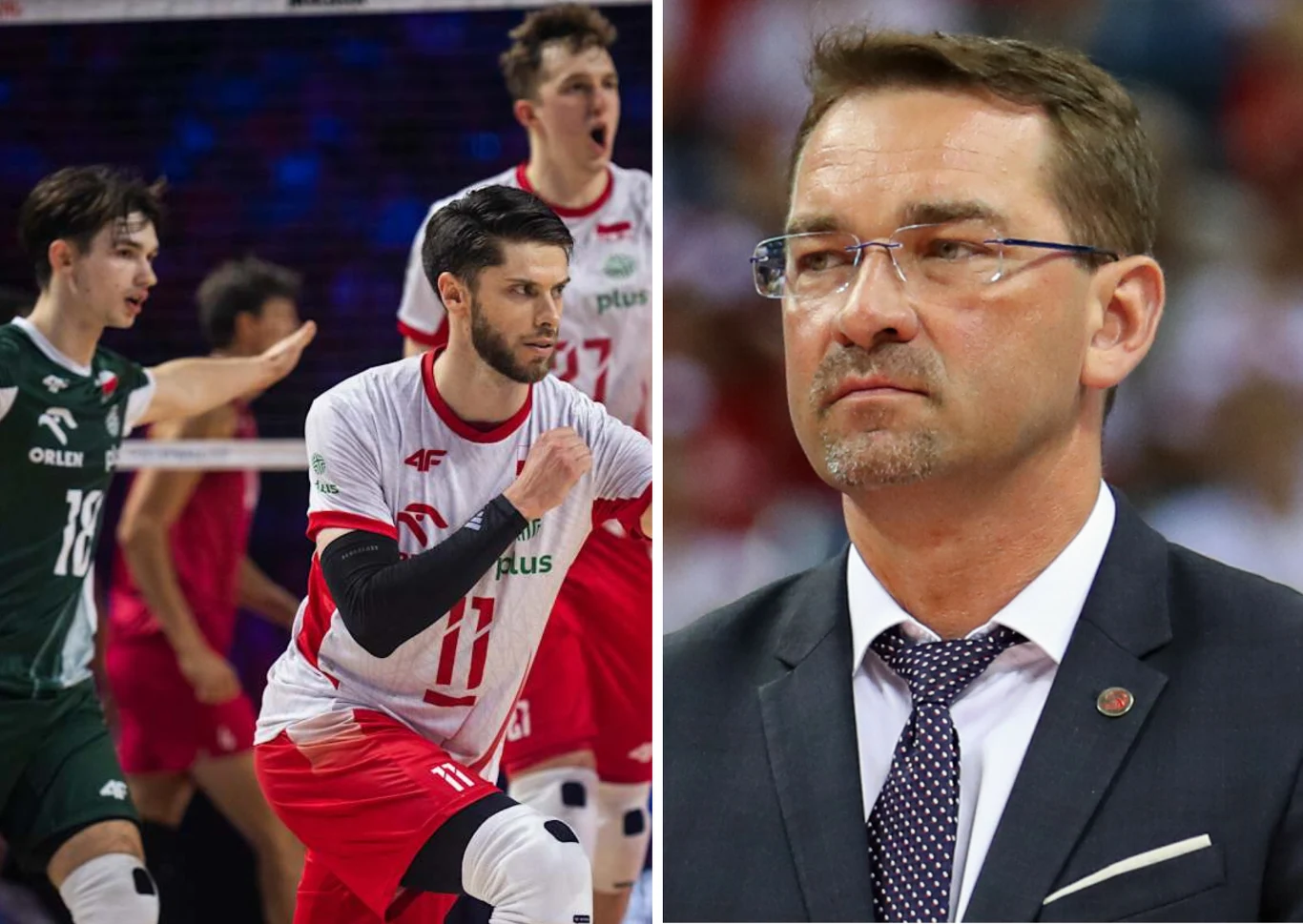 Siatkarze w trakcie meczu w emocjonującym momencie na boisku oraz wyrazisty portret mężczyzny w garniturze i okularach, prawdopodobnie osoby powiązanej ze sportem, o poważnym wyrazie twarzy.