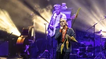 Mężczyzna śpiewający na scenie z mikrofonem w ręku, u jego boku dekoracyjne rośliny, za nim muzyk grający na gitarze basowej oraz scena oświetlona kolorowymi reflektorami, w tle widoczny kontrabas i perkusja.