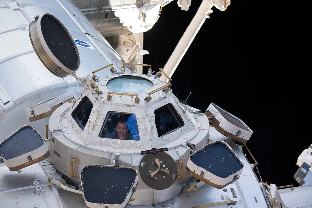 Cupola to niewielki moduł ISS. Jednocześnie mieści się tam maksymalnie dwóch astronautów. Załogant wewnątrz modułu obserwacyjnego z licznymi oknami Międzynarodowej Stacji Kosmicznej, widoczne szczegóły konstrukcji i elementy techniczne stacji na tle czerni kosmosu.