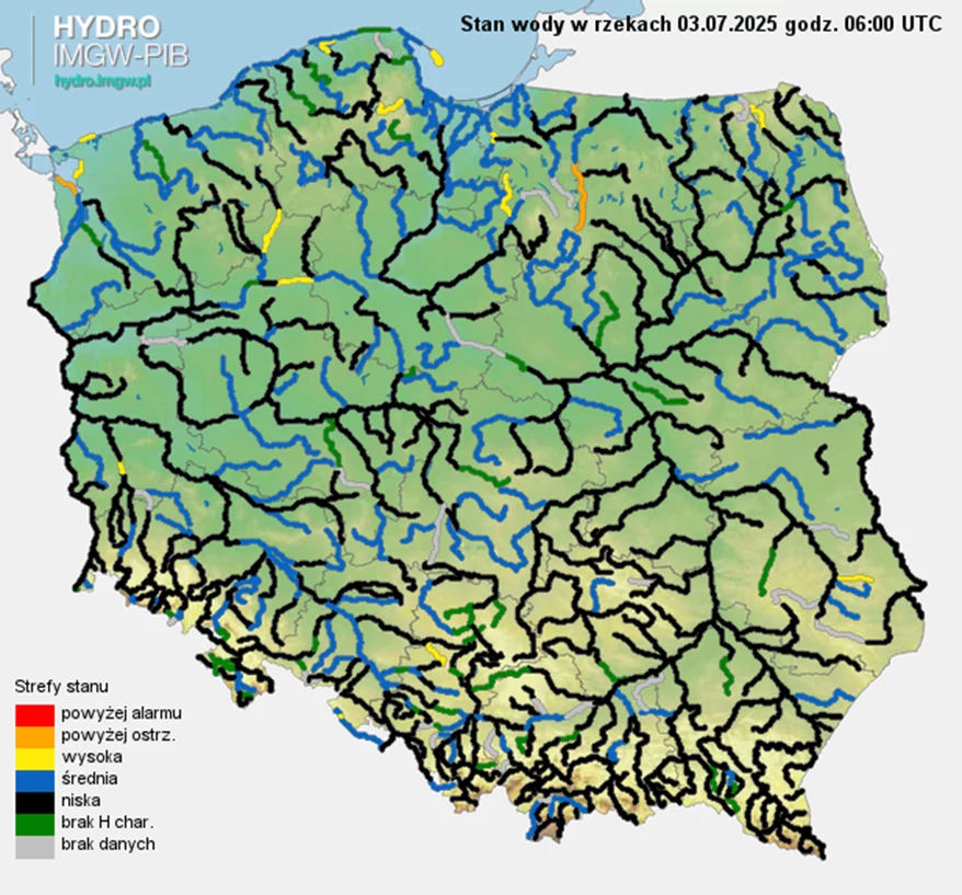 Stan wód w Polsce Kolorowa mapa Polski z wyraźnie zaznaczonymi rzekami oraz regionami według poziomu wody, oznaczonymi od najniższego do przekraczającego stan alarmowy. Na mapie umieszczono czytelną legendę wyróżniającą strefy stanu wód, linie korytarzy rzecznych i brak...