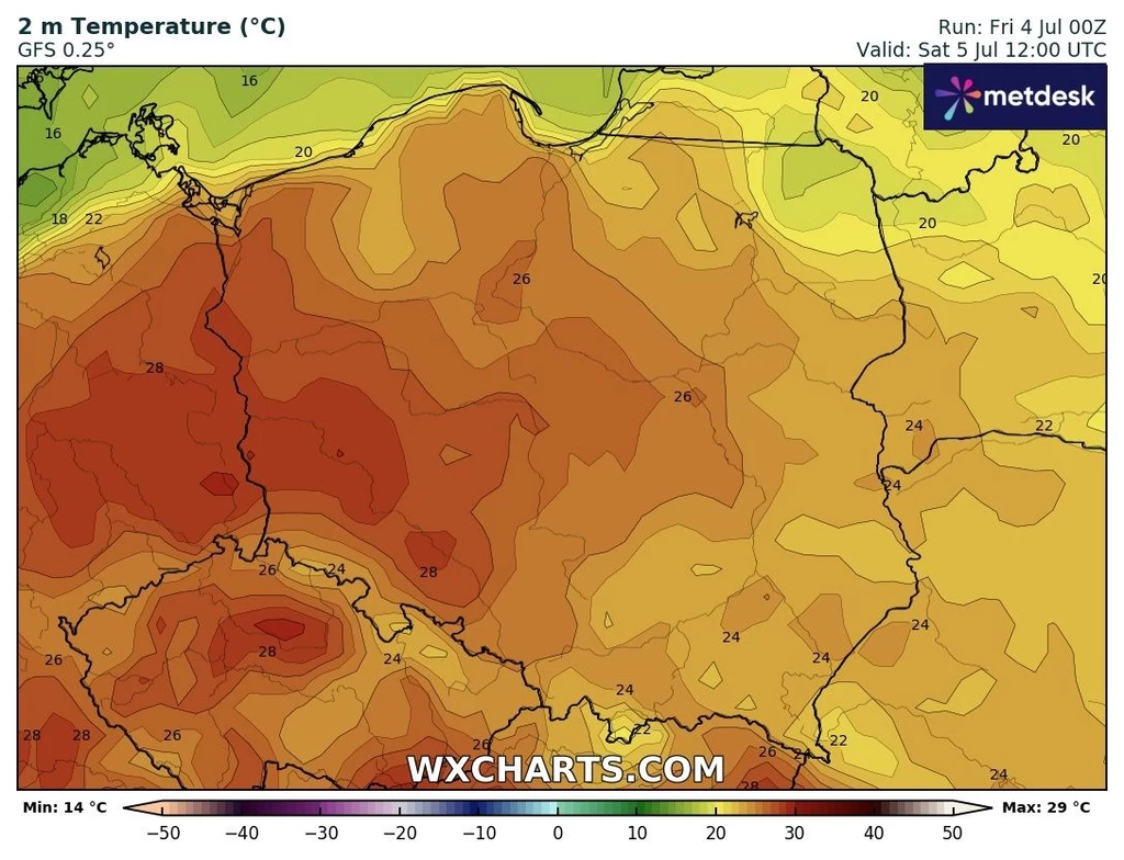 Sobota będzie ciepła i spokojna. Lokalnie na zachodzie temperatury mogą się zbliżyć do progu upału Mapa termiczna Polski pokazująca prognozowane temperatury powietrza na poziomie 2 metrów nad ziemią, zdominowana przez odcienie czerwieni oraz pomarańczu wskazujące na wysokie temperatury, szczególnie w zachodniej i południowo-zachodniej części kraju, ...