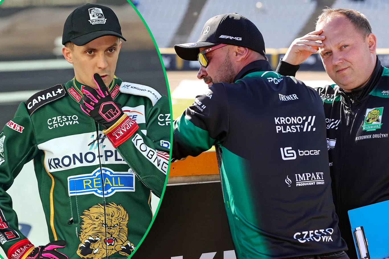 Wiktor Lampart jest w beznadziejnej sytuacji Żużlowiec w stroju startowym z logotypami sponsorów stoi obok dwóch mężczyzn w czarnych bluzach z widocznymi nazwami firm, jeden z nich trzyma niebieską teczkę, wszyscy skupieni na rozmowie na stadionie sportowym.