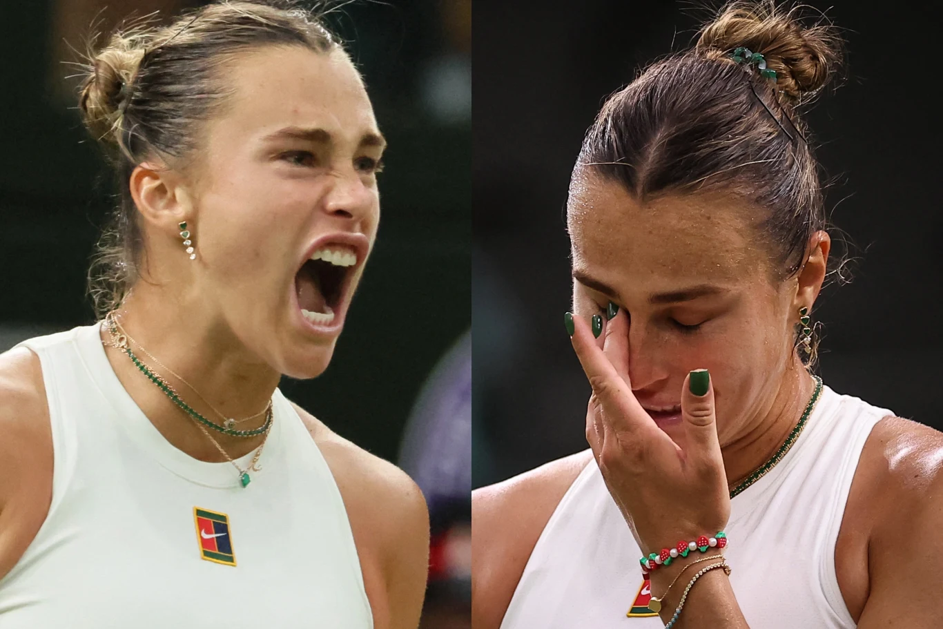 Aryna Sabalenka grała momentami porywająco, momentami popełniała masę błędów. Emma Raducanu szansy nie wykorzystała Dwie sceny z udziałem tej samej kobiety w stroju sportowym, po lewej stronie sportowiec krzyczy z emocji, po prawej ociera łzę z twarzy, wyrażając silne wzruszenie lub smutek.