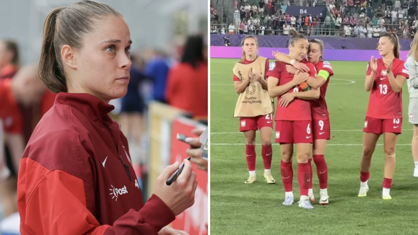 Po lewej zawodniczka w czerwonym stroju sportowym podpisuje autografy, skupiona i poważna, w tle rozmyte postacie. Po prawej grupa piłkarek w czerwonych strojach stoi na boisku, dwie z nich się obejmują, pozostałe biją brawo, na trybunach widoczni kibice.