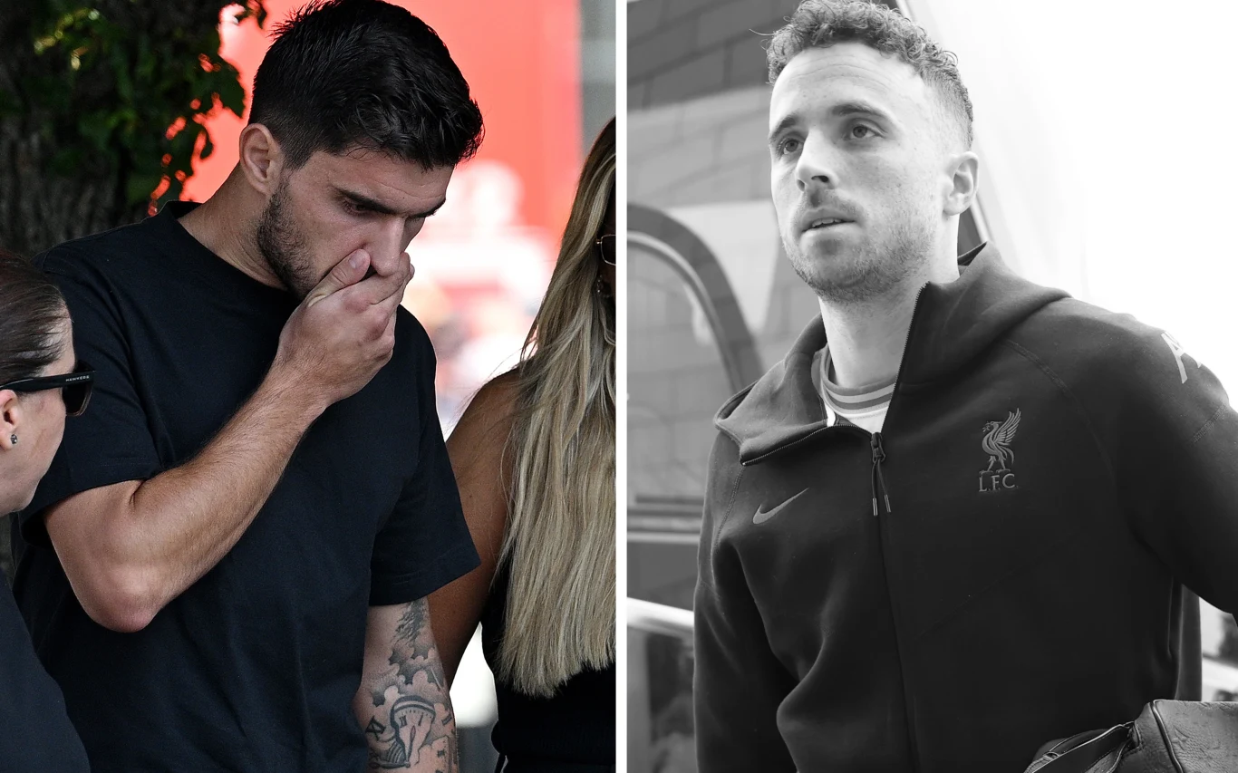 Ruben Neves żegna Diogo Jotę Dwie osoby, jedna z nich zakrywa usta dłonią, wygląda na zamyśloną lub zaniepokojoną; druga osoba w sportowej bluzie z logo Liverpool FC, patrzy w dal, znajduje się obok pojazdu.