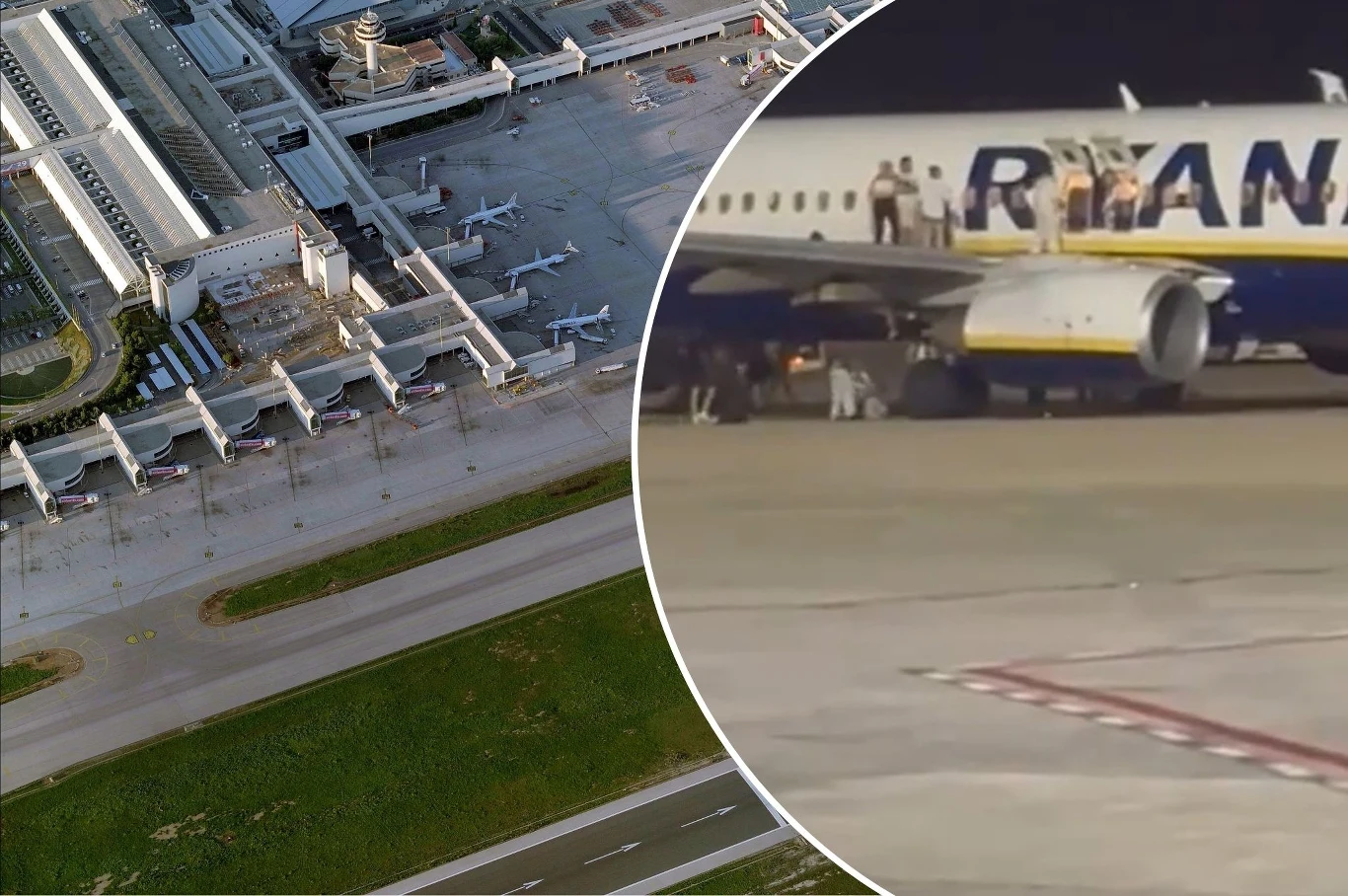 Na lotnisku na Majorce pasażerowie w panice wyskakiwali z samolotu Lotnisko z zaparkowanymi samolotami pasażerskimi oraz samolot linii Ryanair z otwartymi drzwiami i widocznymi osobami stojącymi lub wychodzącymi przez wyjście awaryjne.