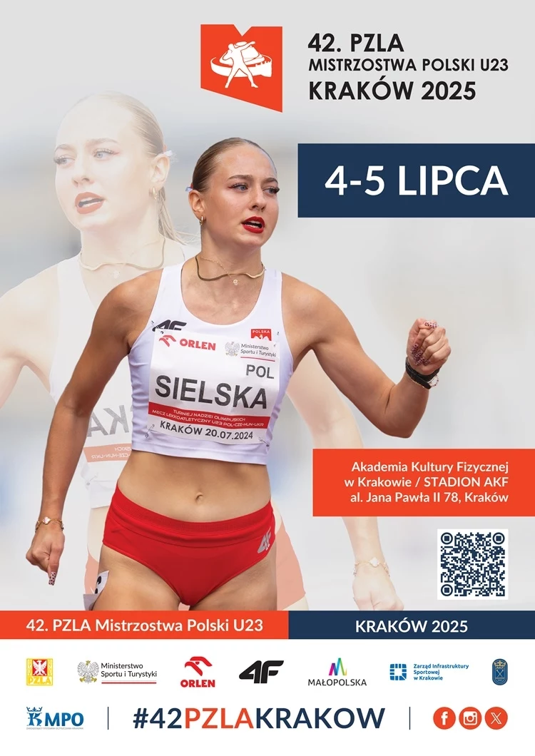 Biegaczka podczas rywalizacji lekkoatletycznej ubrana w strój sportowy z widocznym numerem startowym, w tle rozmyty portret tej samej zawodniczki, elementy graficzne zawierające datę oraz miejsce zdarzenia, logotypy sponsorów i organizatorów.
