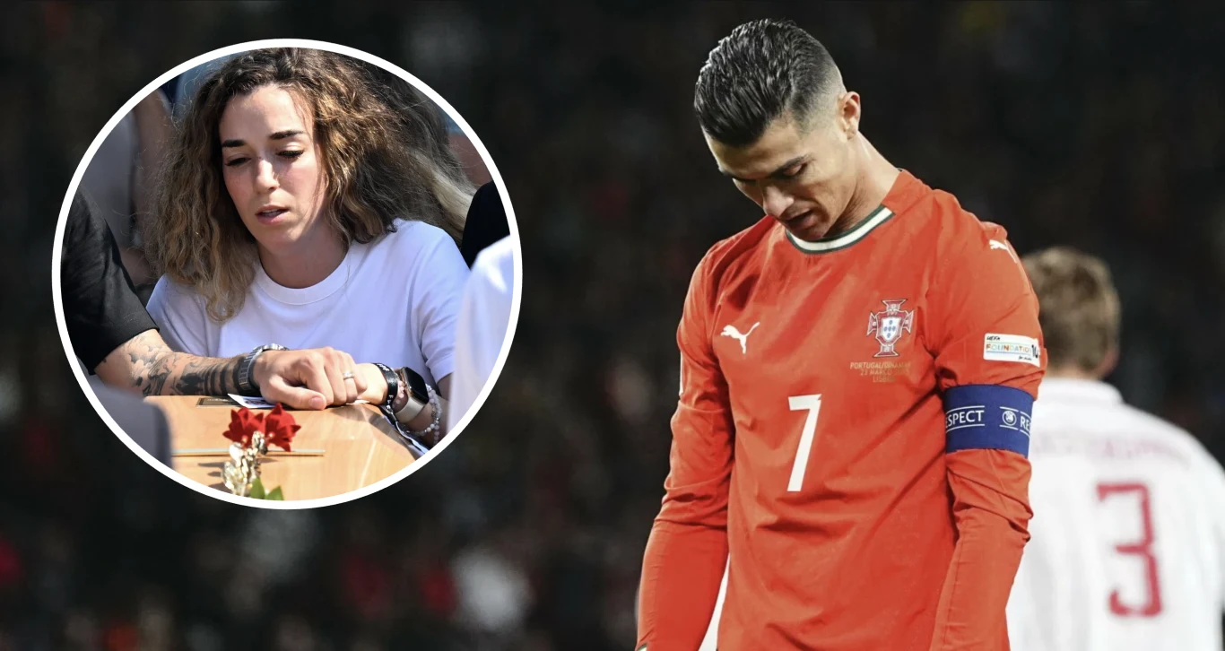 Zestawienie dwóch scen: po lewej stronie kobieta z zamkniętymi oczami i smutnym wyrazem twarzy opiera dłonie na drewnianej trumnie ozdobionej pojedynczym kwiatem, po prawej piłkarz w czerwonym stroju reprezentacji Portugalii ze spuszczoną głową, wyraża...