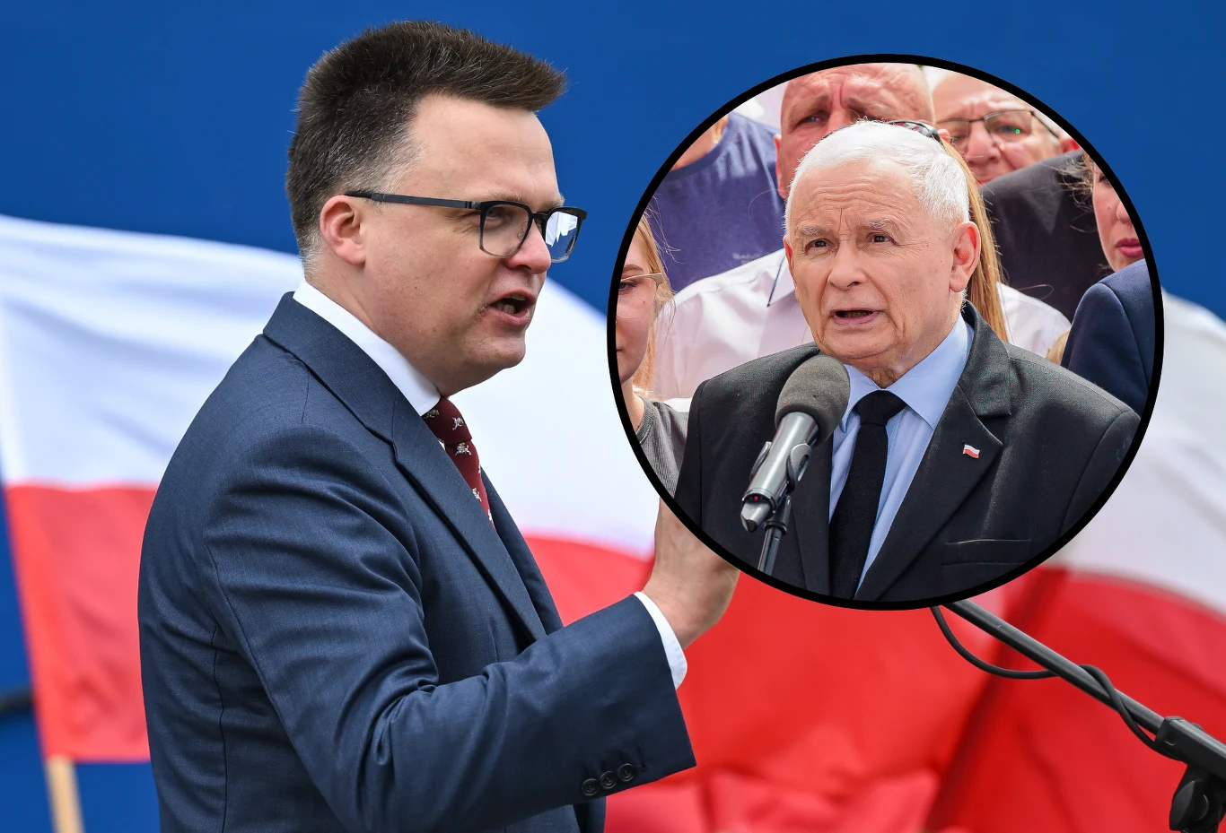 Szymon Hołownia spotkał się z Adamem Bielanem. Jarosław Kaczyński ujawnił, czego dotyczyła rozmowa Dwóch polityków podczas wystąpień publicznych na tle polskiej flagi, jeden z nich widoczny w powiększonym okręgu przemawia do mikrofonu.