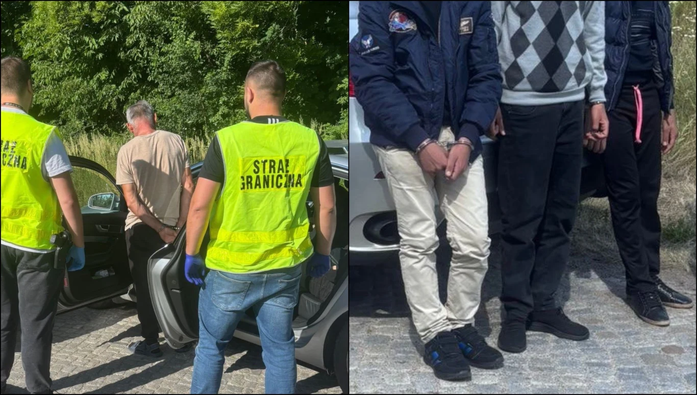 Udana akcja pograniczników. "Kurierzy" próbowali wwieźć migrantów do Niemiec Funkcjonariusze Straży Granicznej zatrzymują kilku mężczyzn przy samochodzie oraz prowadzą ich w kierunku radiowozu; jeden z funkcjonariuszy ubrany jest w żółty odblaskowy bezrękawnik z napisem Straż Graniczna.