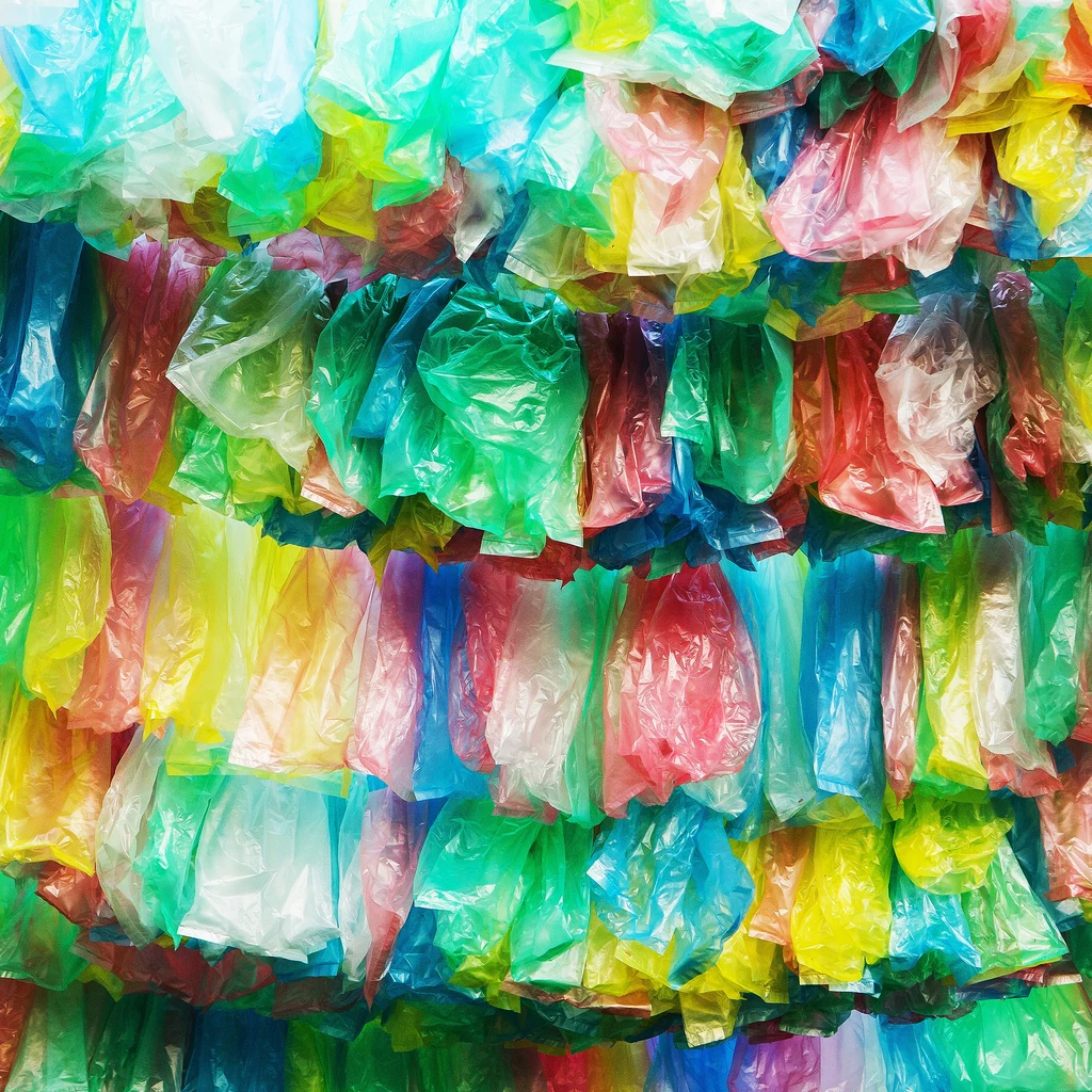 Plastikowe torby sklepowe to zmora. Zanieczyszczają środowisko Kolorowe, jednorazowe torby foliowe ułożone warstwami, tworzące gęstą, wielobarwną strukturę z wyraźnymi odcieniami zieleni, niebieskiego, żółtego, różowego i czerwonego.