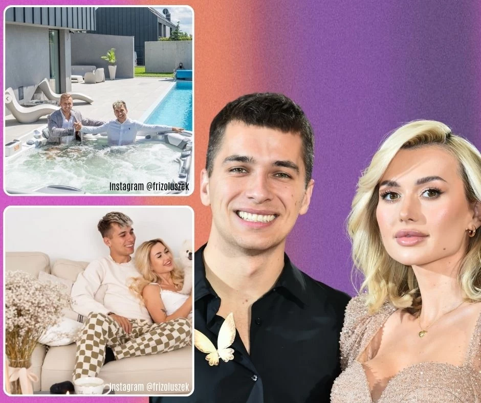 Para spędzająca wspólnie czas w luksusowych warunkach, relaksując się w jacuzzi przy basenie oraz odpoczywając na kanapie, centralnie ujęcie portretowe pokazuje uśmiechniętego mężczyznę i kobietę o zadbanych fryzurach, na tle kolorowego gradientu.