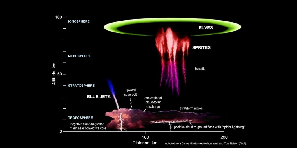 Różne rodzaje Transient Luminous Events, wysokość i rozpiętość ich występowania Schemat ilustruje różne typy błyskawic powstających w atmosferze – blue jets, sprites oraz elves – wraz z oznaczeniem warstw atmosferycznych i położeniem poszczególnych zjawisk względem odległości i wysokości nad ziemią.