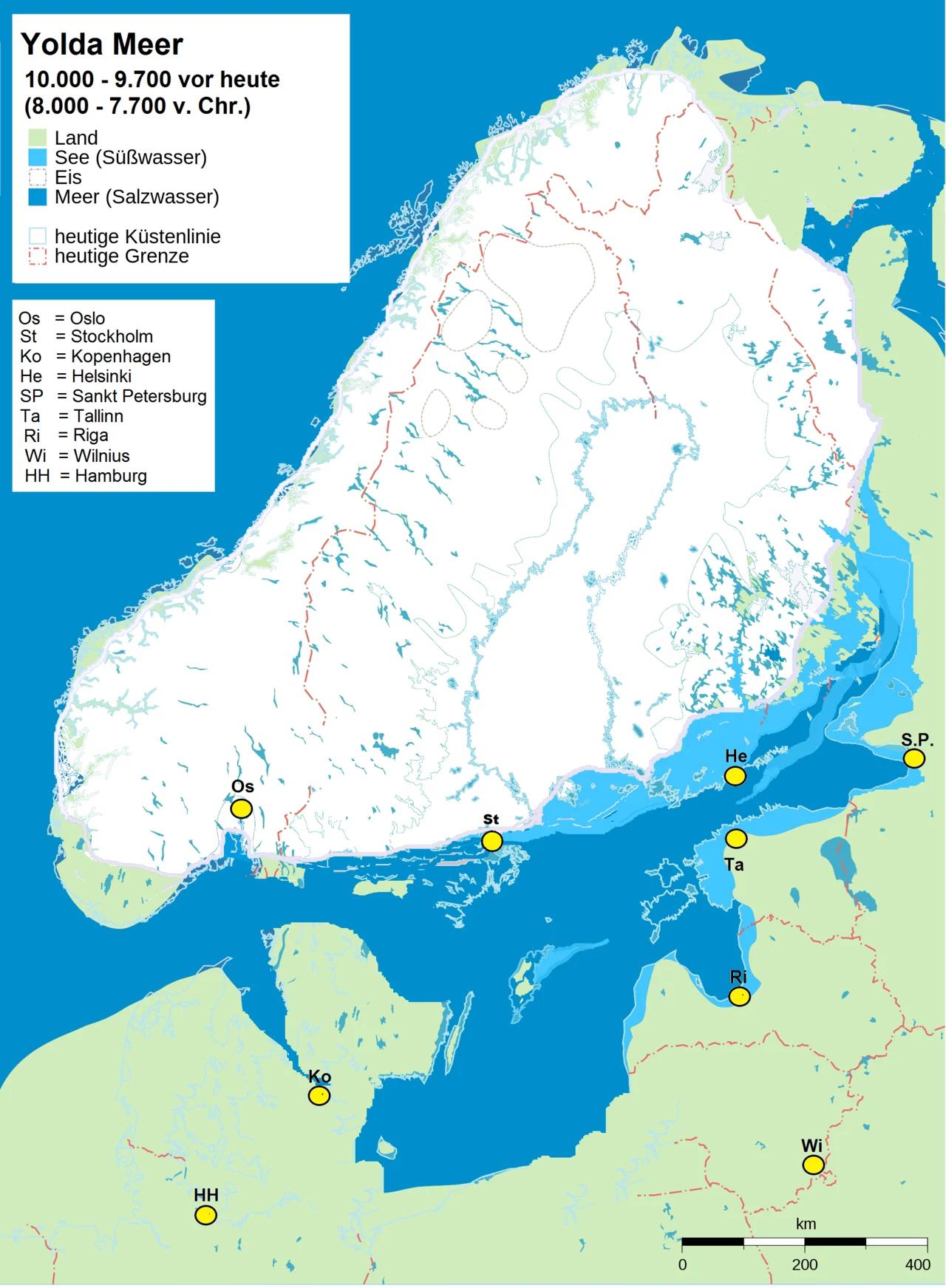 Morze Yoldiowe Mapa rejonu Skandynawii oraz północno-wschodniej Europy z zaznaczonymi obszarami lądu, dawnymi morzami słodkowodnymi i słonowodnymi oraz punktami lokalizacji głównych miast jak Oslo, Sztokholm, Kopenhaga, Hamburg, Ryga, Tallin, Petersburg, Helsinki. Le...