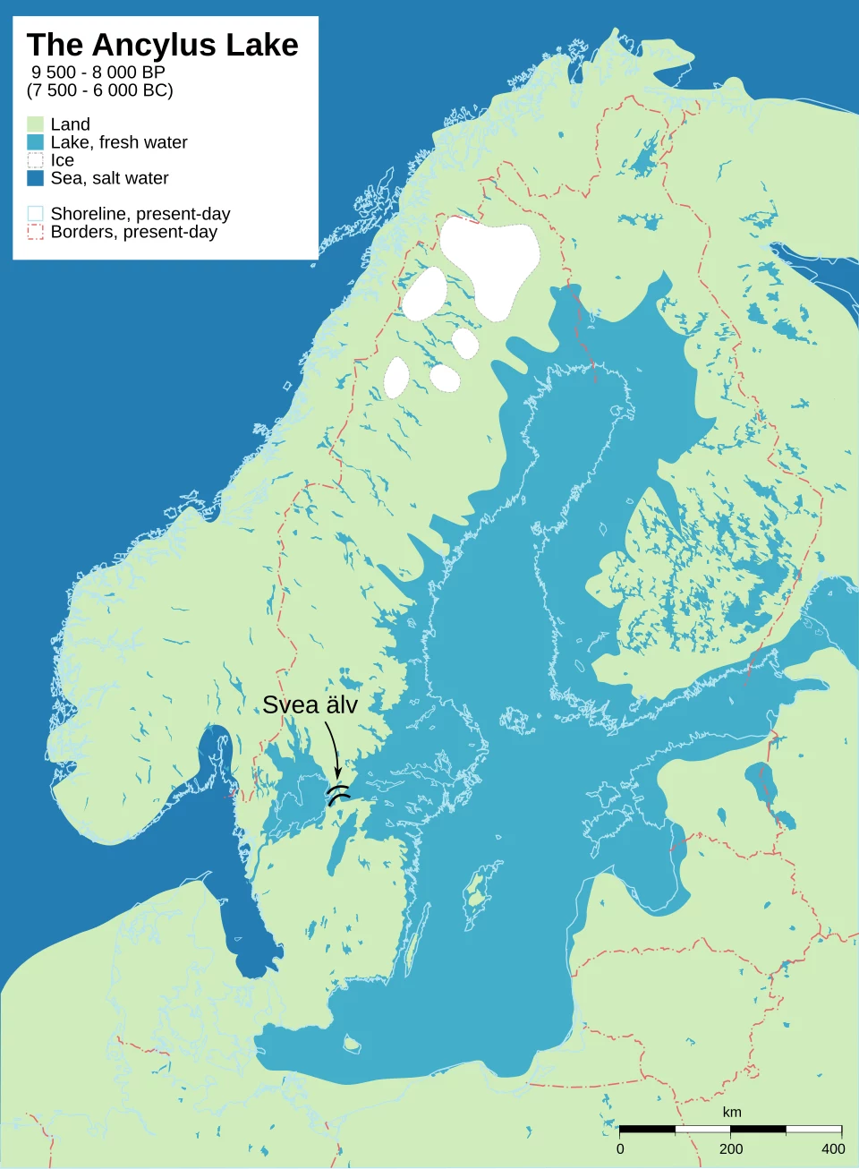 Jezioro Ancylusowe Mapa Skandynawii z okresu istnienia Jeziora Ancylusowego, pokazująca ląd, wodę słodką, wodę słoną, zasięg lodu oraz współczesne linie brzegowe i granice; oznaczona rzeka Svea älv.