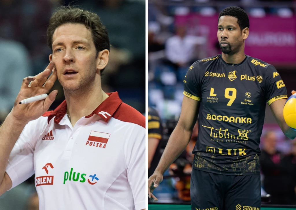 Stephane Antiga (L) będzie pracował z Wilfredo Leonem (P) Po lewej stronie mężczyzna w koszulce reprezentacji Polski siatkówki, trzymający gwizdek lub długopis, gestykulujący jak podczas omawiania strategii, po prawej stronie siatkarz w czarno-żółtym stroju klubowym z piłką do siatkówki, numerem 9, na hali sp...