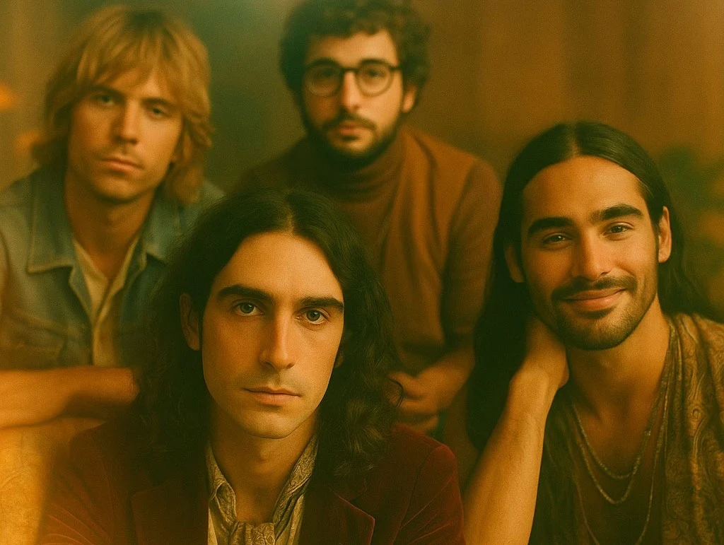 The Velvet Sundown "to syntetyczny projekt muzyczny" Czterech młodych mężczyzn siedzi razem w ciepłym, przytulnym wnętrzu. Spokojny wyraz twarzy i delikatne uśmiechy tworzą kameralną atmosferę, a rozmyte, złote światło wprowadza nostalgiczny klimat.