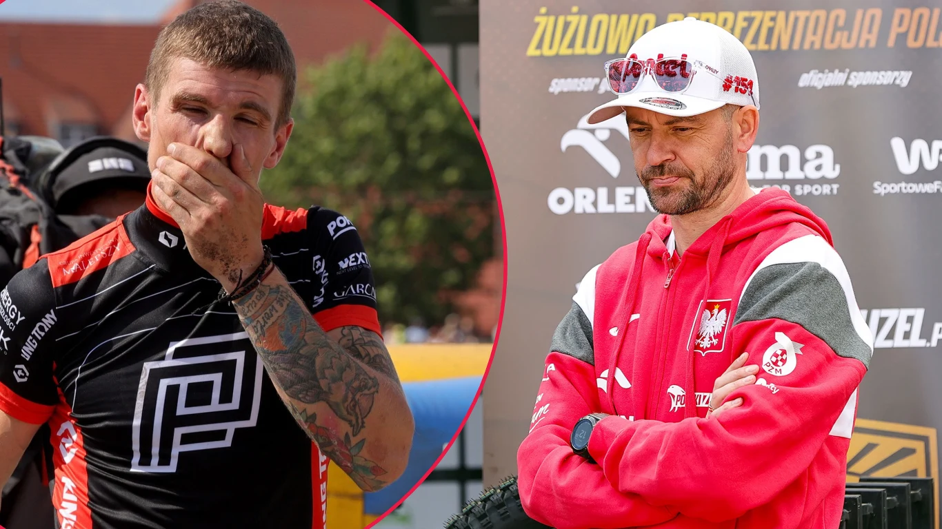 Czy Przemysław Pawlicki zostanie w Stelmet Falubazie Zielona Góra? Dwóch mężczyzn w sportowych ubraniach żużlowych, jeden trzyma rękę przy twarzy z wyraźnym wyrazem emocji, drugi stoi z założonymi rękami i neutralnym wyrazem twarzy na tle logotypów sponsorów.