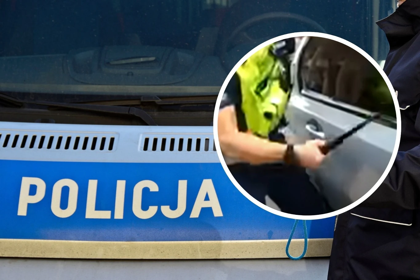 Policjanci musieli interweniować wobec kierującej z BMW. Radiowóz policyjny z napisem 'Policja' na masce oraz funkcjonariusz policji w kamizelce odblaskowej i z pałką, uchwycony podczas interwencji przy samochodzie.