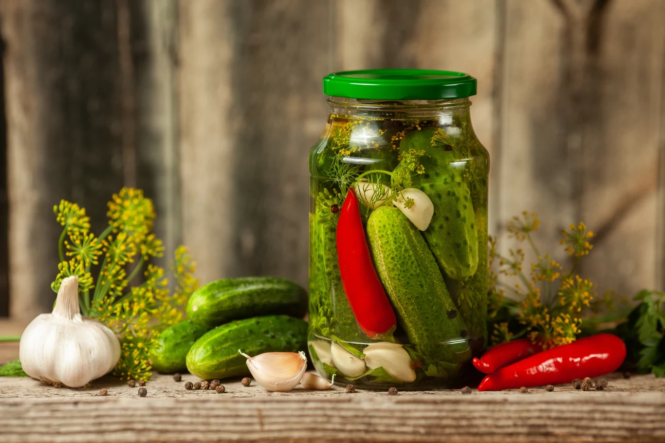 Słoik z kiszonymi ogórkami wypełniony także papryczkami chili, ząbkami czosnku i koperkiem, ustawiony na drewnianym stole w otoczeniu świeżych ogórków, czosnku, papryczek i przypraw.