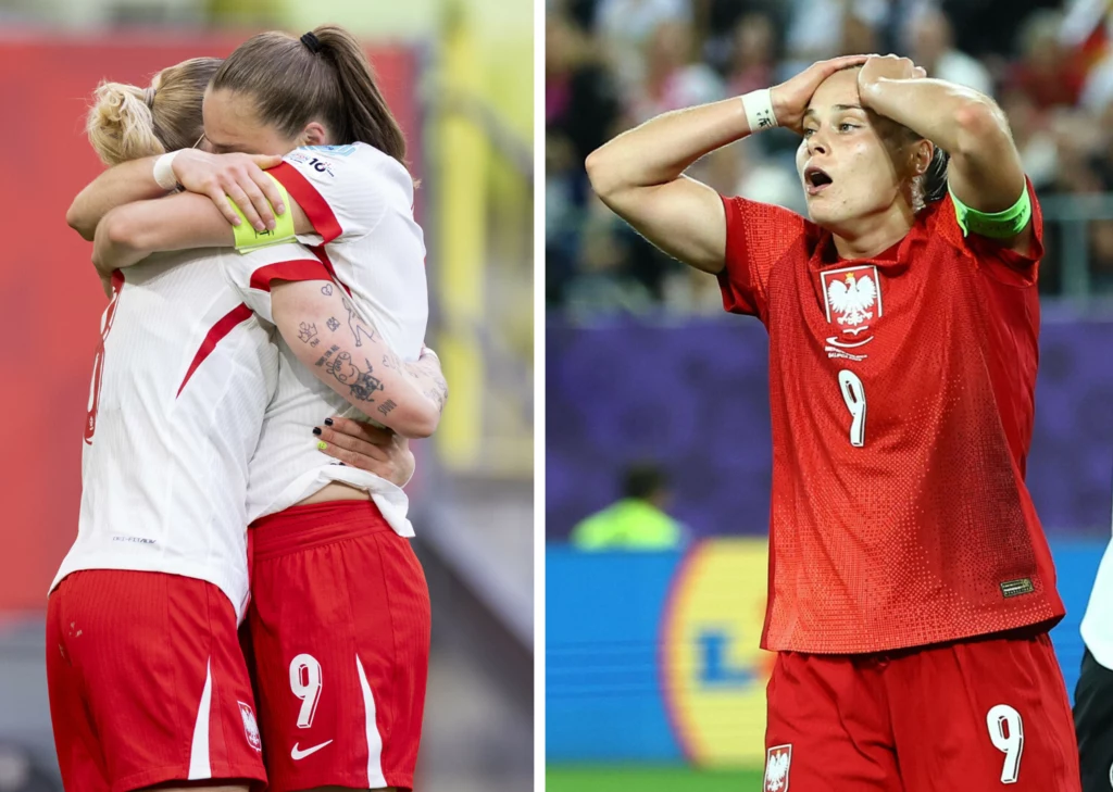 Dwie piłkarki reprezentacji Polski w czerwono-białych strojach obejmują się, okazując radość i wsparcie; po prawej stronie ta sama zawodniczka trzyma ręce na głowie, wyrażając emocje po wydarzeniach na boisku.