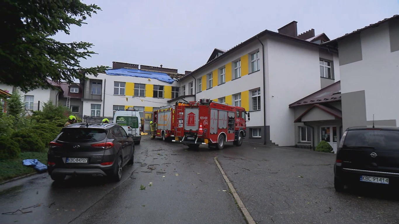 W szkole podstawowej w Nieszkowicach Wielkich doszło do zerwania dachu Samochody straży pożarnej oraz karetka pogotowia stoją przed budynkiem o żółto-białych ścianach, na którym widać uszkodzenia dachu zabezpieczone niebieską plandeką. Ratownicy w kaskach znajdują się przy pojazdach, a wokół leżą fragmenty roślinności i g...