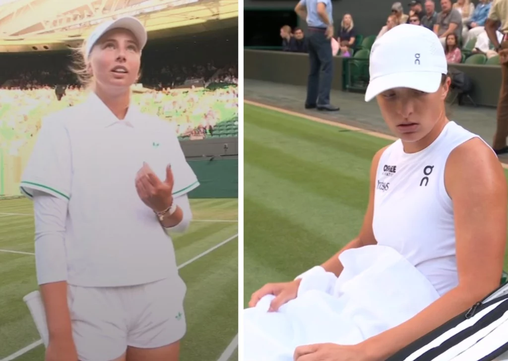 Clara Tauson oraz Iga Świątek zmierzyły się w 1/8 finału Wimbledonu Dwie tenisistki na korcie podczas turnieju, jedna stoi ubrana w strój sportowy w jasnych kolorach, druga siedzi na ławce w białym stroju i czapce, obie skupione na wydarzeniach sportowych wokół.