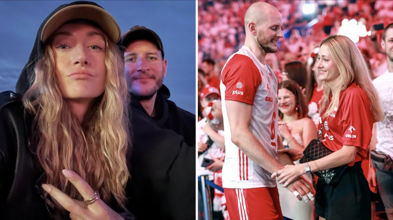 Bartosz Kurek z żoną wybrali się na Open'era Po lewej stronie młoda kobieta z długimi blond włosami pozuje do zdjęcia z gestem pokoju, obok niej stoi mężczyzna w czapce, oboje uśmiechnięci na tle jasnego nieba. Po prawej stronie sportowiec w stroju siatkarskim wśród tłumu na hali, trzyma za ręce ...