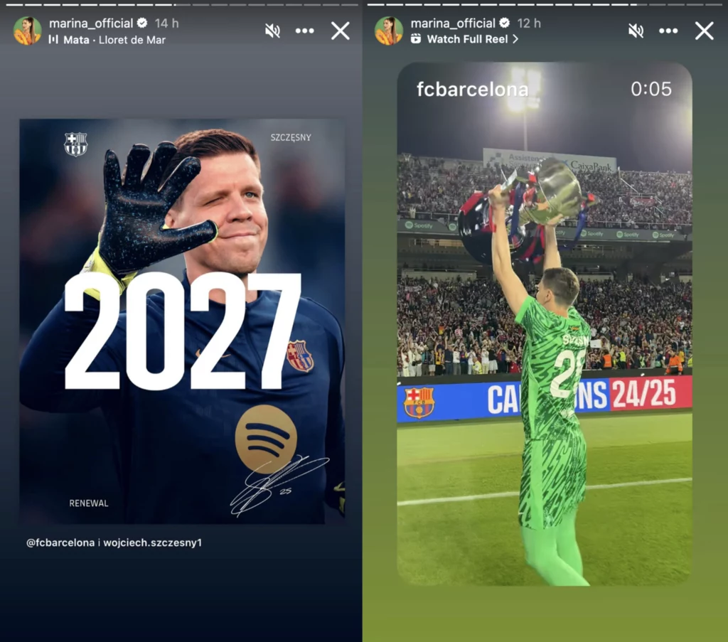 Marina zareagowała na kolejny kontrakt męża z FC Barcelona Znany bramkarz z logiem FC Barcelona po lewej stronie, w rękawicy bramkarskiej, liczba 2027 i podpis informujący o przedłużeniu kontraktu, po prawej zawodnik w zielonym stroju bramkarskim unosi w górę trofeum przed kibicami na stadionie z napisem Champ...