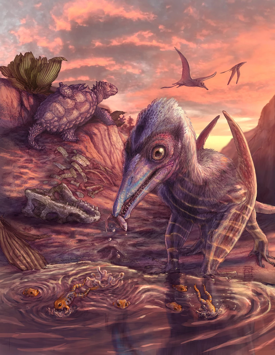 Dinozaur z wydłużonym dziobem pochylający się nad wodą w prehistorycznym krajobrazie, w tle masywny gad pancerny oraz pterozaury latające na niebie, widoczne kości i roślinność typowa dla ery mezozoicznej.