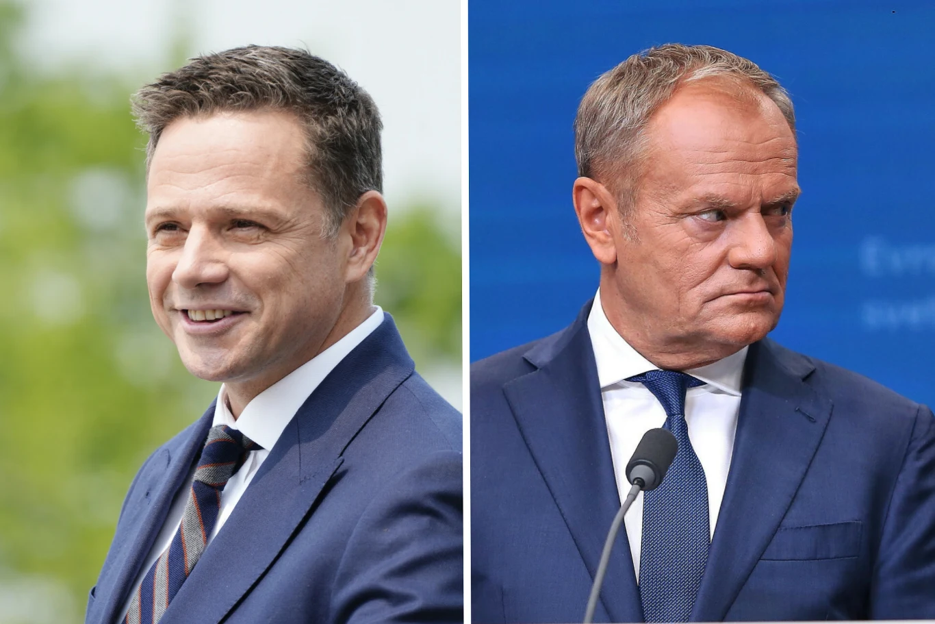 Co jeśli to Tusk zastąpiłby Hołownię w roli marszałka? Dwa portrety mężczyzn w garniturach, rozdzielone pionową linią, jeden z nich uśmiechnięty i patrzący w bok, drugi z poważnym wyrazem twarzy mówi do mikrofonu na tle niebieskiego panelu.