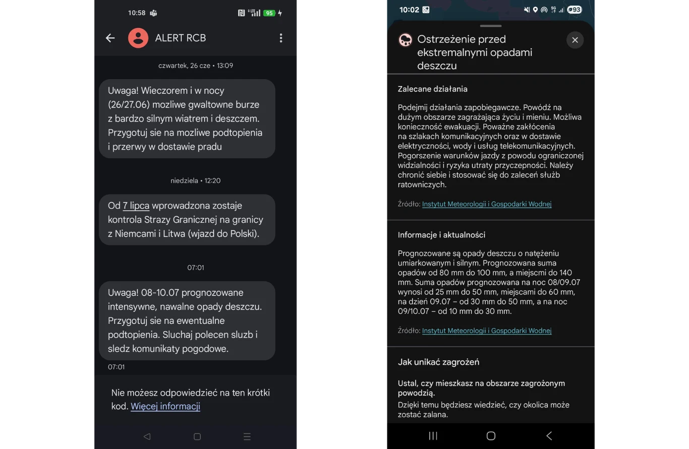 Wiadomości tekstowe alarmowe na ekranach telefonów informujące o groźnych burzach, prognozowanych ulewnych deszczach oraz o wprowadzeniu kontroli granicznej, obok komunikatu o ostrzeżeniach meteorologicznych dotyczących ekstremalnych opadów.
