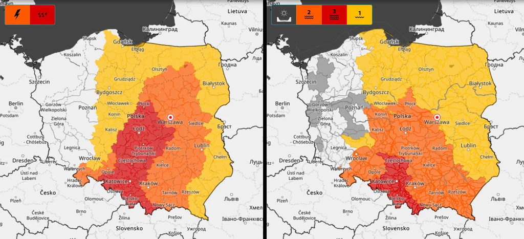 Ostrzeżenia meteorologiczne i hydrologiczne dla Polski Porównanie dwóch map Polski z kolorowymi oznaczeniami ostrzeżeń meteorologicznych, obszary południowej i centralnej części kraju oznaczone na czerwono oraz pomarańczowo, wskazujące na największe zagrożenia pogodowe, pozostałe regiony w żółtym kolorze j...
