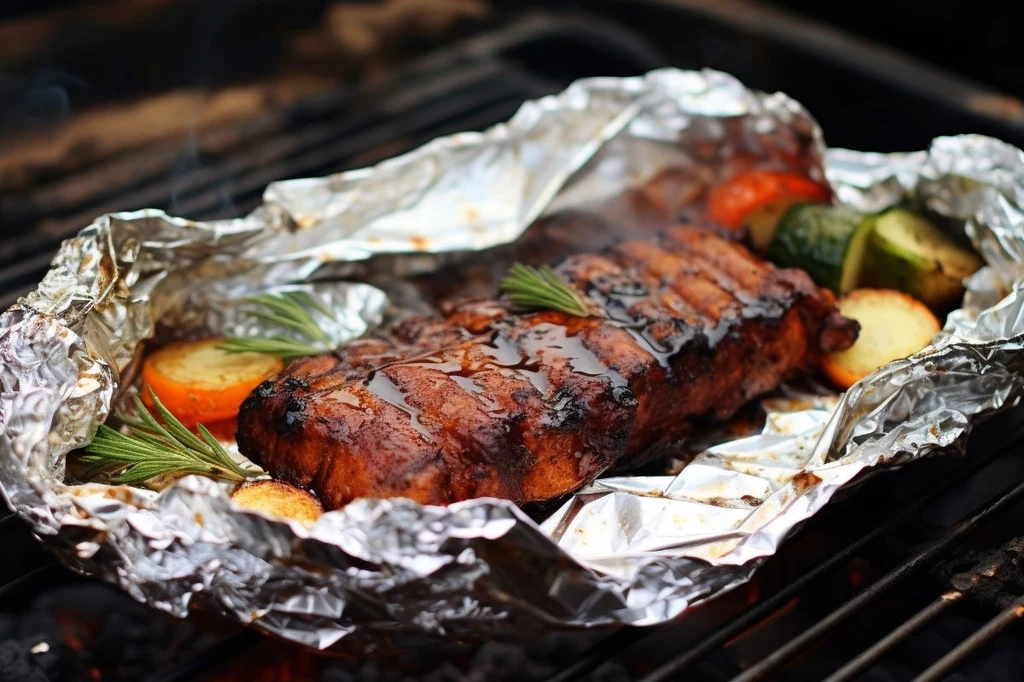 Jeżeli używałaś folii aluminiowej na grillu i jest zabrudzona tłuszczem, przypalona, musisz ją wyrzucić do zmieszanych Soczyste żeberka grillowane w folii aluminiowej, otoczone plasterkami marchewki, cukinii i świeżym rozmarynem, na kratce grilla z delikatnie widocznym dymem.