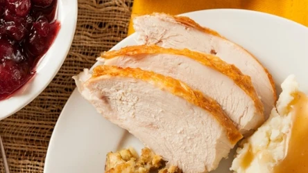 Plasterki pieczonego drobiu z chrupiącą skórką podane z purée ziemniaczanym z sosem, porcją farszu oraz dodatkiem konfitury z żurawiny w osobnej miseczce.