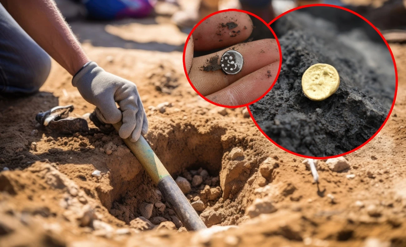 Celtycka osada sprzed 2200 lat to może być największe odkrycie archeologiczne w historii Czech. Wykopano tam niesamowity skarb Ręka w rękawiczce trzymająca łopatkę podczas wykopalisk archeologicznych, w centrum wykopany dół w ziemi; dwa powiększone fragmenty ukazują znalezione artefakty: starą metalową monetę oraz guzik z ozdobnym wzorem.