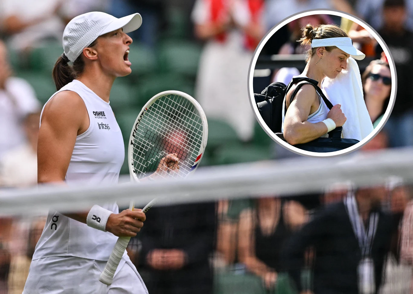 Iga Świątek i Ludmiła Samsonowa zmierzą się w ćwierćfinale Wimbledonu Tenisistka w białym stroju wyraża emocje po wygranym punkcie na korcie, trzymając rakietę w dłoni, w tle widoczni rozmyci widzowie; w okrągłym zbliżeniu inna zawodniczka opuszcza kort z ręcznikiem na ramieniu.