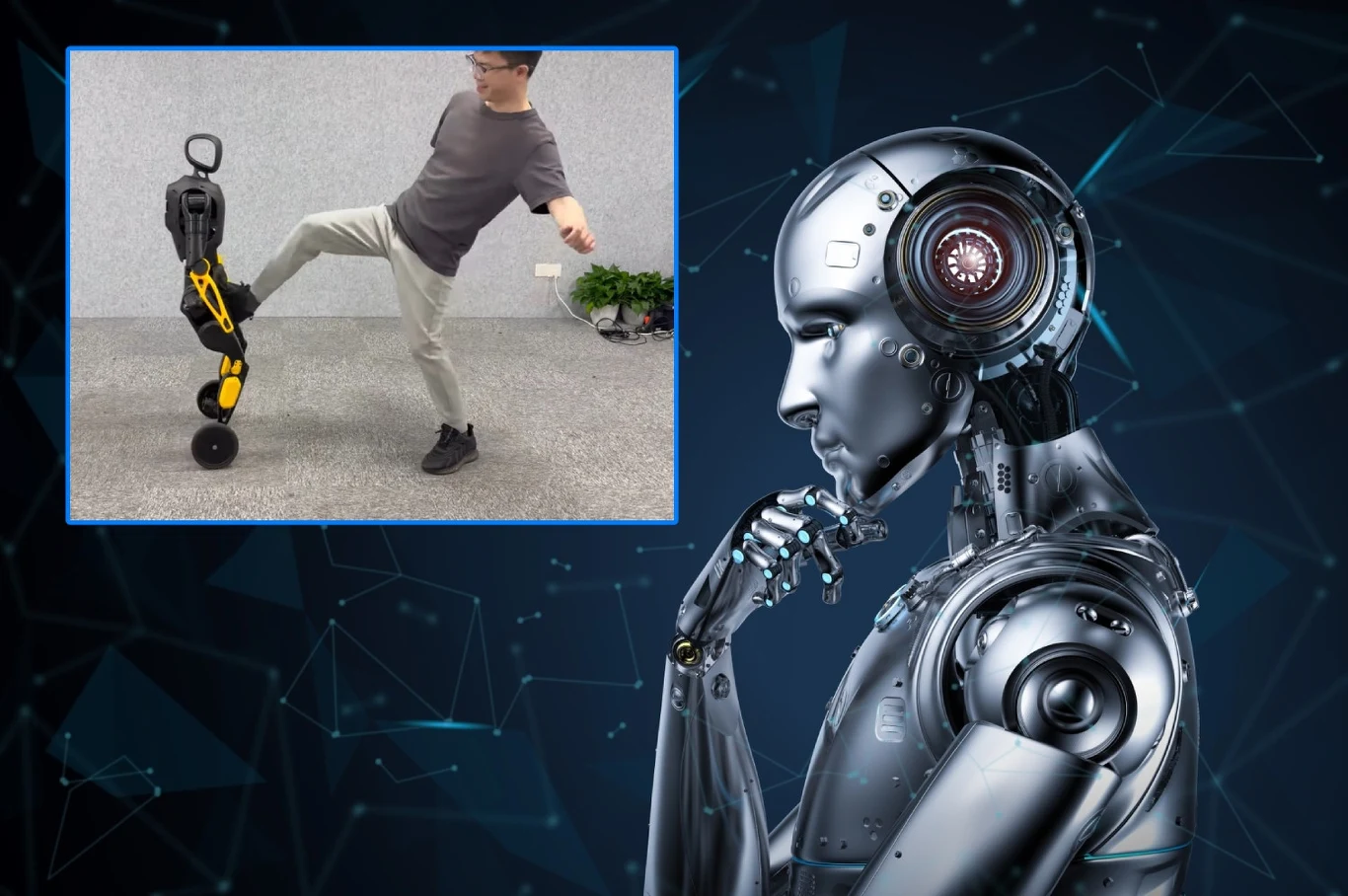 Chińczycy zbudowali niezwykłego robota. X2-N nie ma żadnych kamer ani zewnętrznych sensorów. Jak pokonuje przeszkody? Człowiek demonstruje kopnięcie w dwukołowego autonomicznego robota, na tle graficznym z dużym wizerunkiem humanoidalnego robota pogrążonego w zadumie, całość osadzona w motywach technologii i sztucznej inteligencji.