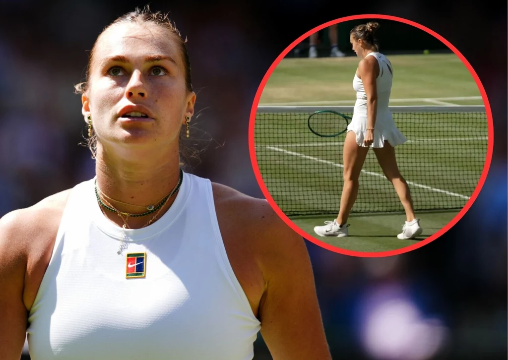 Aryna Sabalenka podczas i po meczu z Laurą Siegemund, 08.07.2025 r. Tenisistka na korcie, ubrana w biały strój sportowy z widoczną przypinką na piersi, w tle rozmyte trybuny; w prawym górnym rogu okrągła wstawka z ujęciem tej samej zawodniczki podczas ruchu, z opuszczoną rakietą.